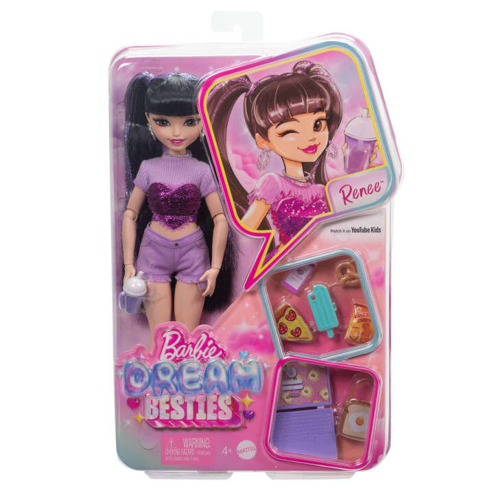 Barbie Dream Besties Renee, кукла 4+, 11 аксессуаров (пицца, крендель, ноутбук), съемная одежда