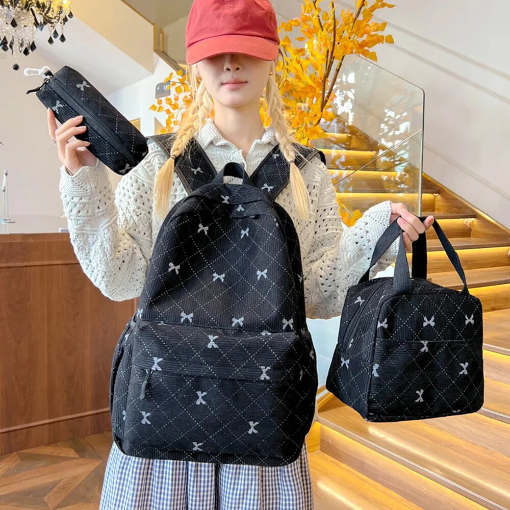 Milochic Рюкзак из вельвета с принтом бант, черный, средний, 43x14x14 см — фото 1