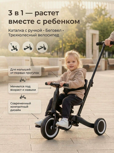 Изображение товара Детский беговел-велосипед 4в1 с родительской ручкой, черный - TR007-BLACK
