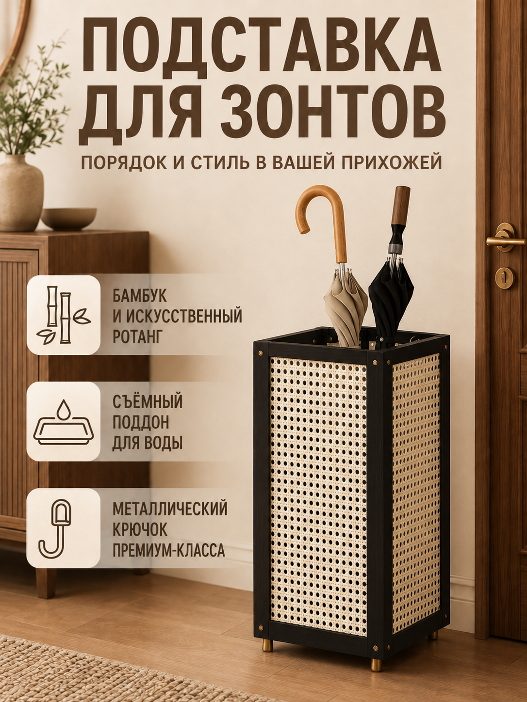 Подставка для зонтов ротанг бамбук, металлический крючок премиум, органайзер хранения зонтов в прихожей