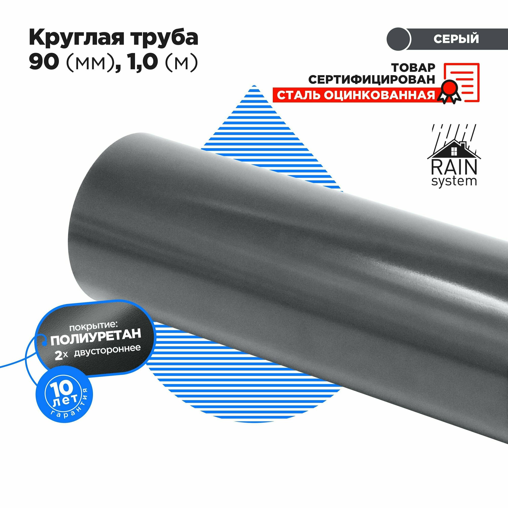 Труба круглая соединит 90 1м полиуретан 125/90 водосточной системы RAIN SYSTEM цвет графит - 1 штука