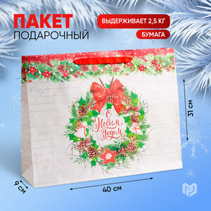 Пакет подарочный крафтовый горизонтальный «Спешу поздравить с Новым годом», 40 × 31 × 9 см
