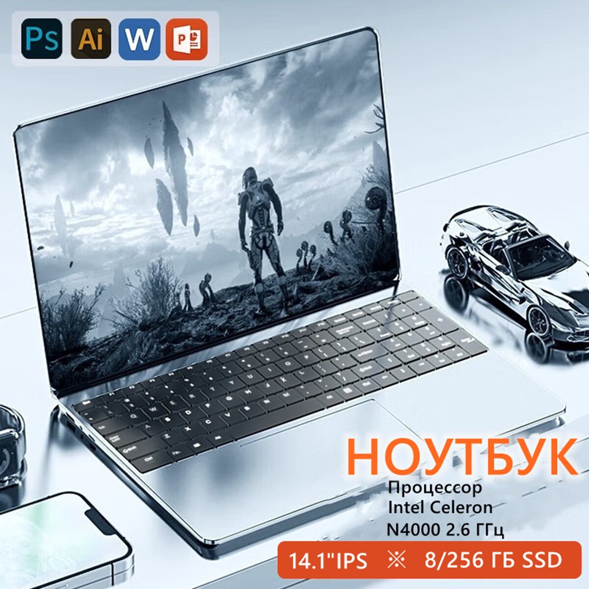 14,1" игровой ноутбук Intel N4000 (до 2* 2,6 GH), ОЗУ 8 ГБ, SSD 256 ГБ, графика Intel UHD, русская клавиатура, Windows 11 Pro