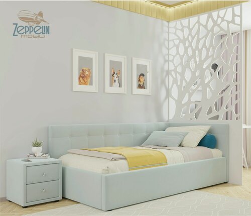 Изображение товара Односпальная кровать-тахта Bonna 900 мята пастель угловая Zeppelin, с подъемным механизмом, 90х200, мягкая из велюра, с ящиком для хранения