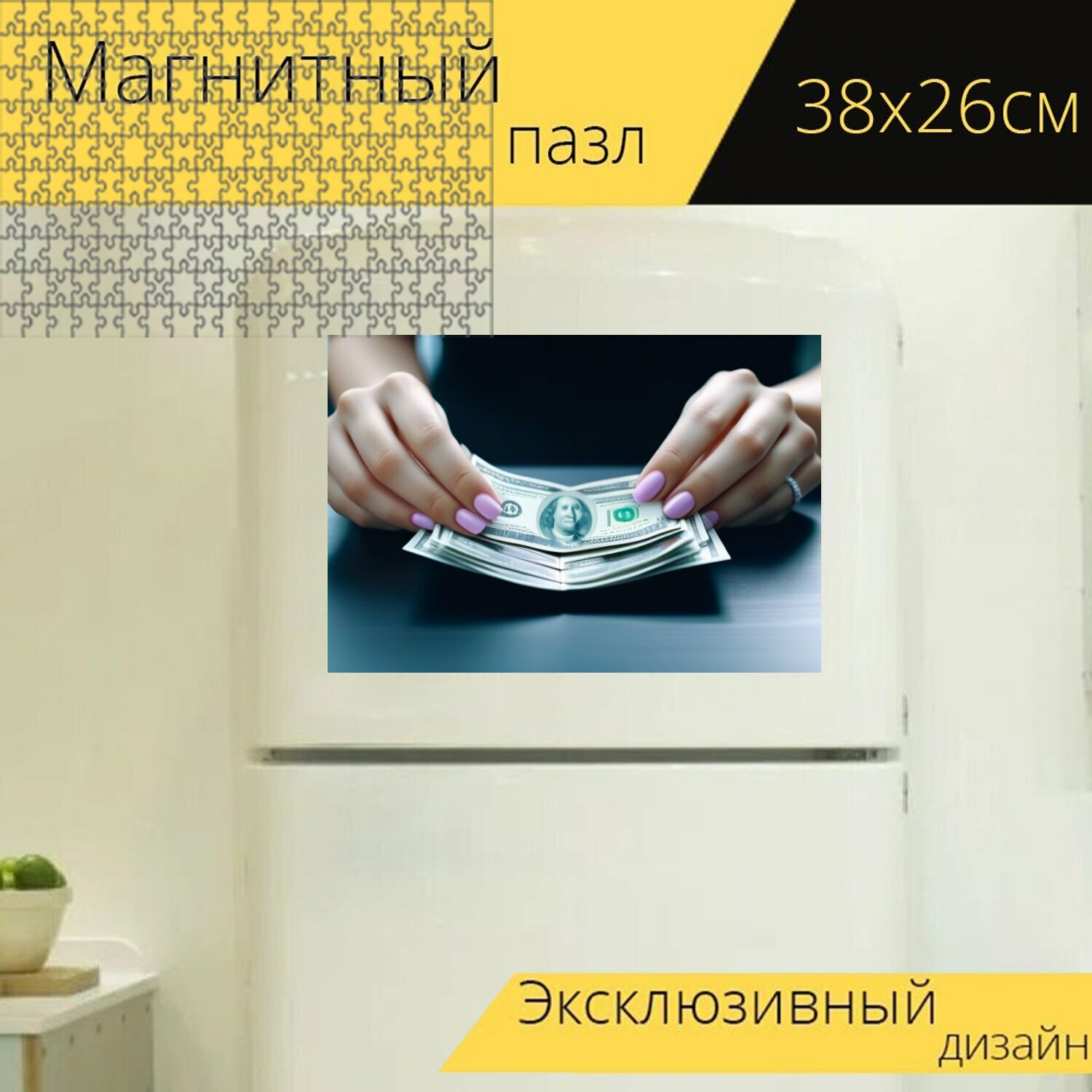 Магнитный пазл "Инвестиционный портфель в руках женщины" для интерьера, 38х26 см.