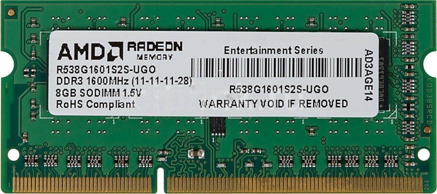 Модуль памяти AMD R538G1601S2S-U, объем 1 х 8Gb, форм-фактор SO-DIMM 204-pin, тип памяти DDR3, рабочая частота 1600MHz, тайминги 11-11-11-28, unbuffered