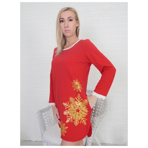 фото 17016 платье домашнее "снежинка", liza volkova, размер 50, состав: 92% хлопок, 8% лайкра, цвет бордовый