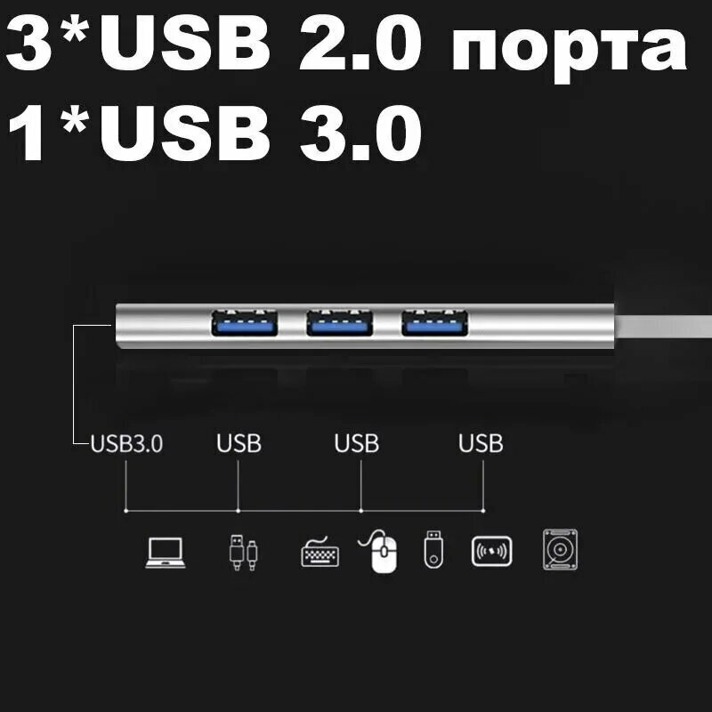 USB концентратор 30 на 4 порта / HUB разветвитель / Хаб на 4 USB (01 м) / серебристый