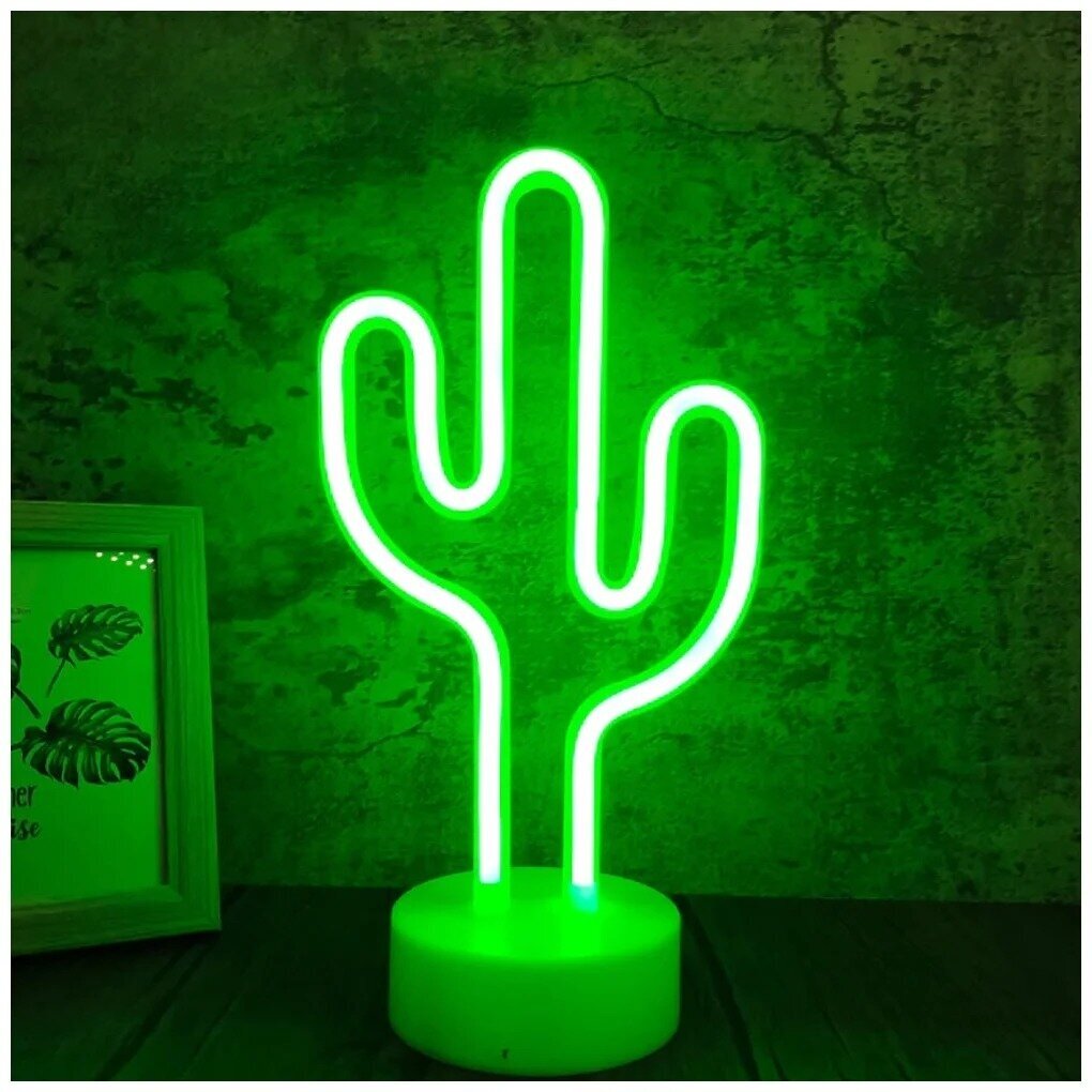 Неоновый светодиодный ночник с зеленым цветом свечением для интерьера детской или спальни / Компактная настольная ночная лампа в виде кактуса - фотография № 1