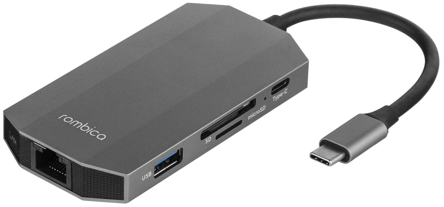 Разветвитель USB Rombica Type-C M7, USB 3.0 x 2, Type-C PD, HDMI, LAN, картридер, аудио+микрофон, алюминий, серый
