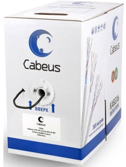 Кабель витая пара Cabeus UTP-4P-Cat.5e-SOLID-BK UTP (U/UTP), категория 5e, 4 пары 0,51 (24 AWG), одножильный, черный (305 м)