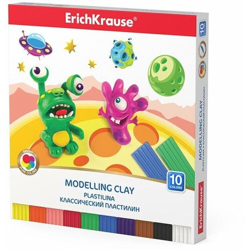 Классический пластилин ErichKrause® Monsters 10 цветов со стеком, 150г (коробка)