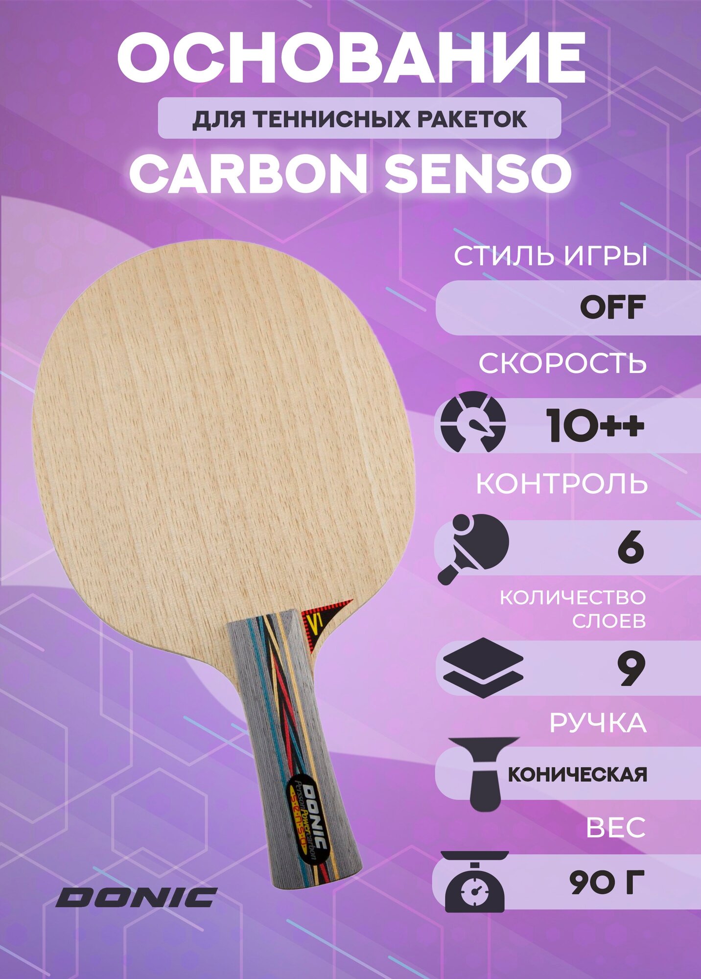 Основание ракетки для настольного тенниса Donic Persson Power Carbon Senso, тип ручки FL