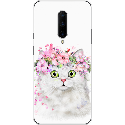 Силиконовый чехол на OnePlus 7 Pro / ВанПлас 7 Про Белая кошка с цветами