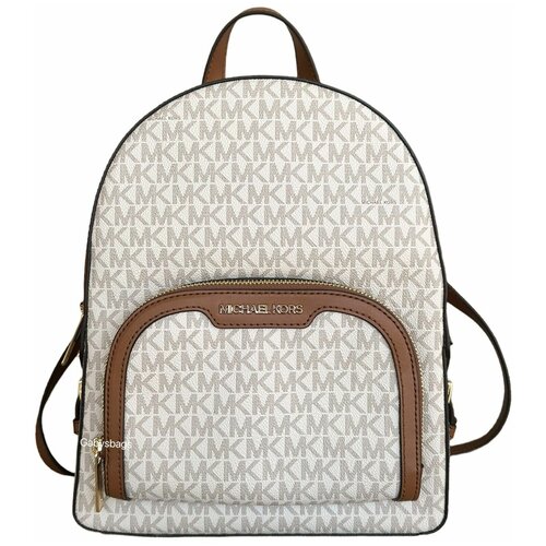фото Рюкзак michael kors светло-коричневый в бежевую монограмму с двумя отделениями jaycee large zip pocket leather backpack mk logo vanilla