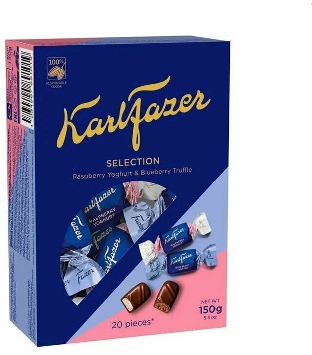 Замятые коробки - Конфеты шоколадные Karl Fazer Selection ассорти (малиновый йогурт и черничный трюфель) 150 г (Из Финляндии)