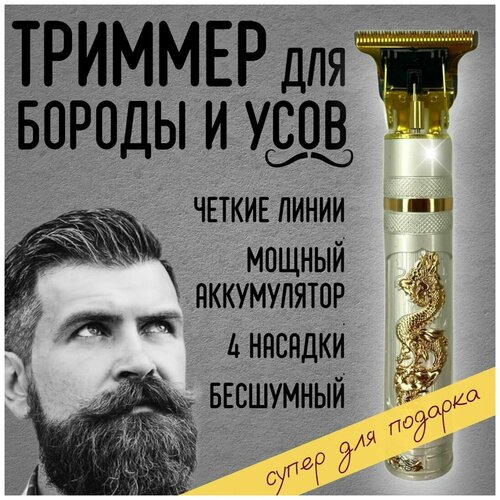 Триммер мужской аккумуляторный для бороды, усов, волос дракон в белом / 4 насадки, USB кабель, масло для смазывания, щетка для очистки в комплекте