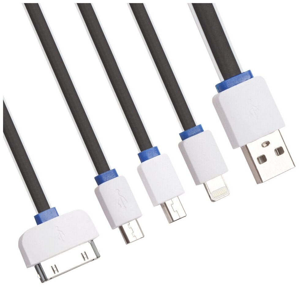 USB кабель LP 4 в 1 для подзарядки для Apple 8 pin, 30 pin, MicroUSB, MiniUSB плоский черный, белый, синий