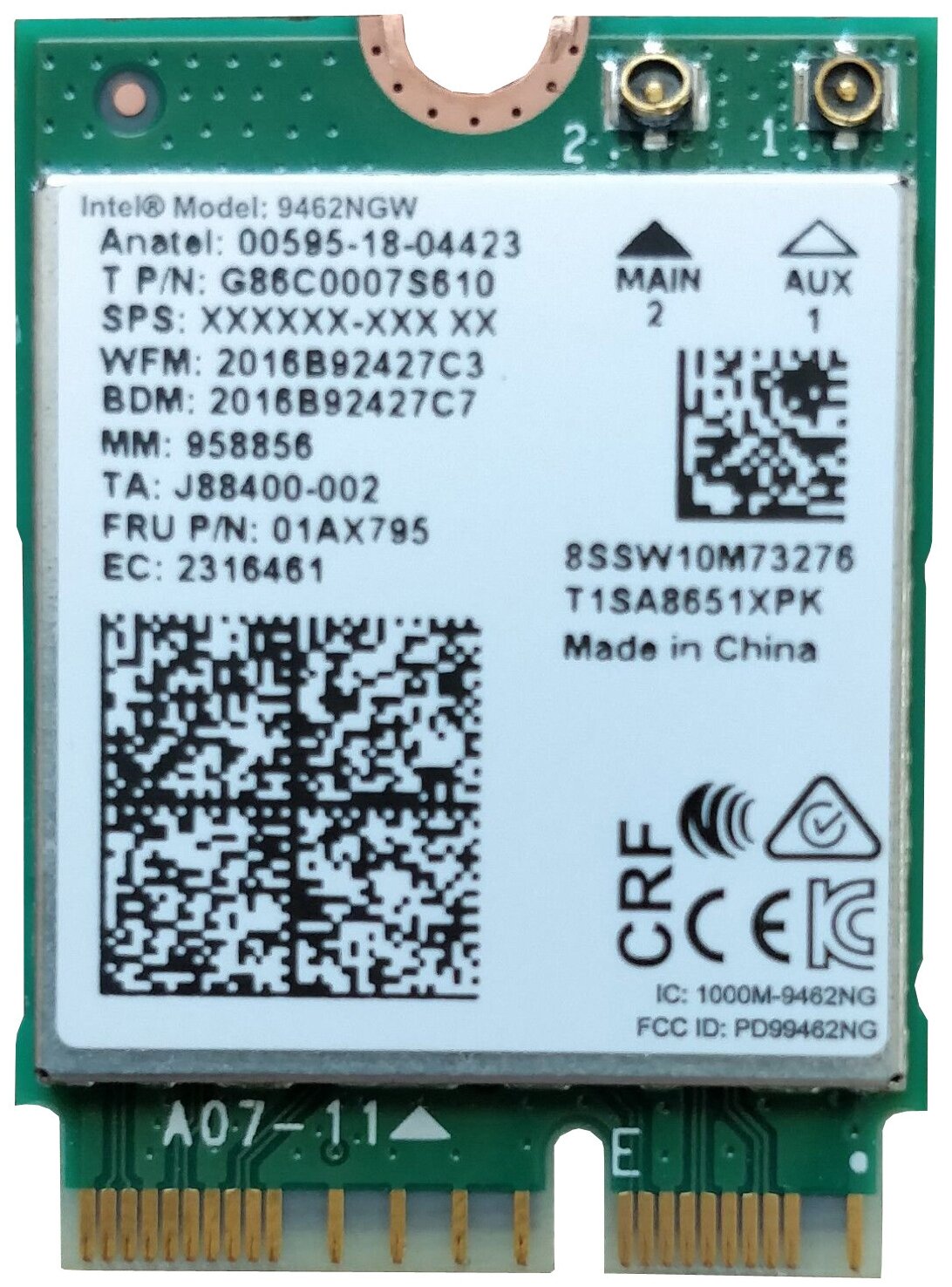 Bluetooth+Wi-Fi адаптер Intel 9462NGW.AC, зелёный