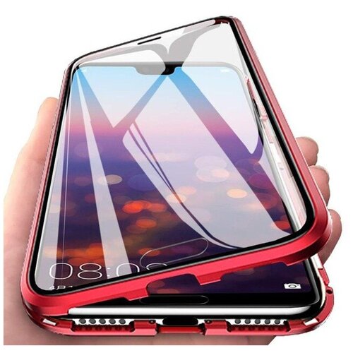 фото Двухкомпонентный металлический магнитный чехол для iphone 12 mini с защитным стеклом и прозрачной задней накладкой красный 100gadgets