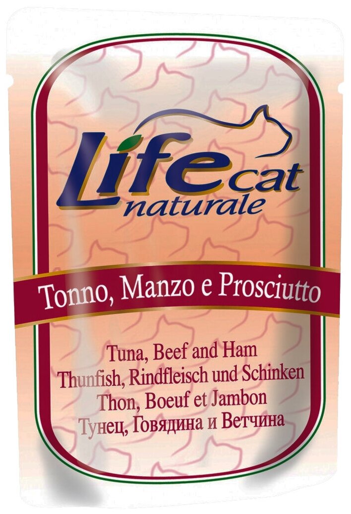 Влажный корм для кошек LifeCat с тунцом с говядиной с ветчиной (кусочки в желе)
