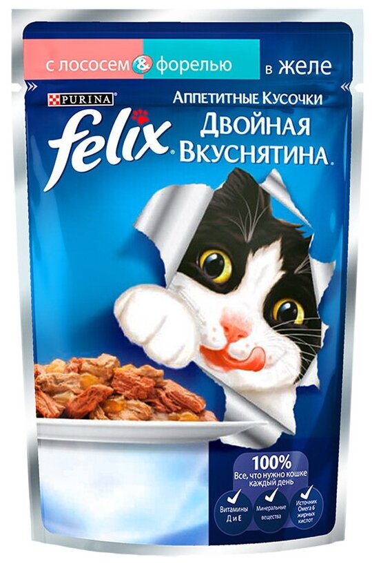 Felix Паучи Кусочки в желе для кошек с лососем и форелью (122949371244969412493551), 0,085 кг (10 шт)