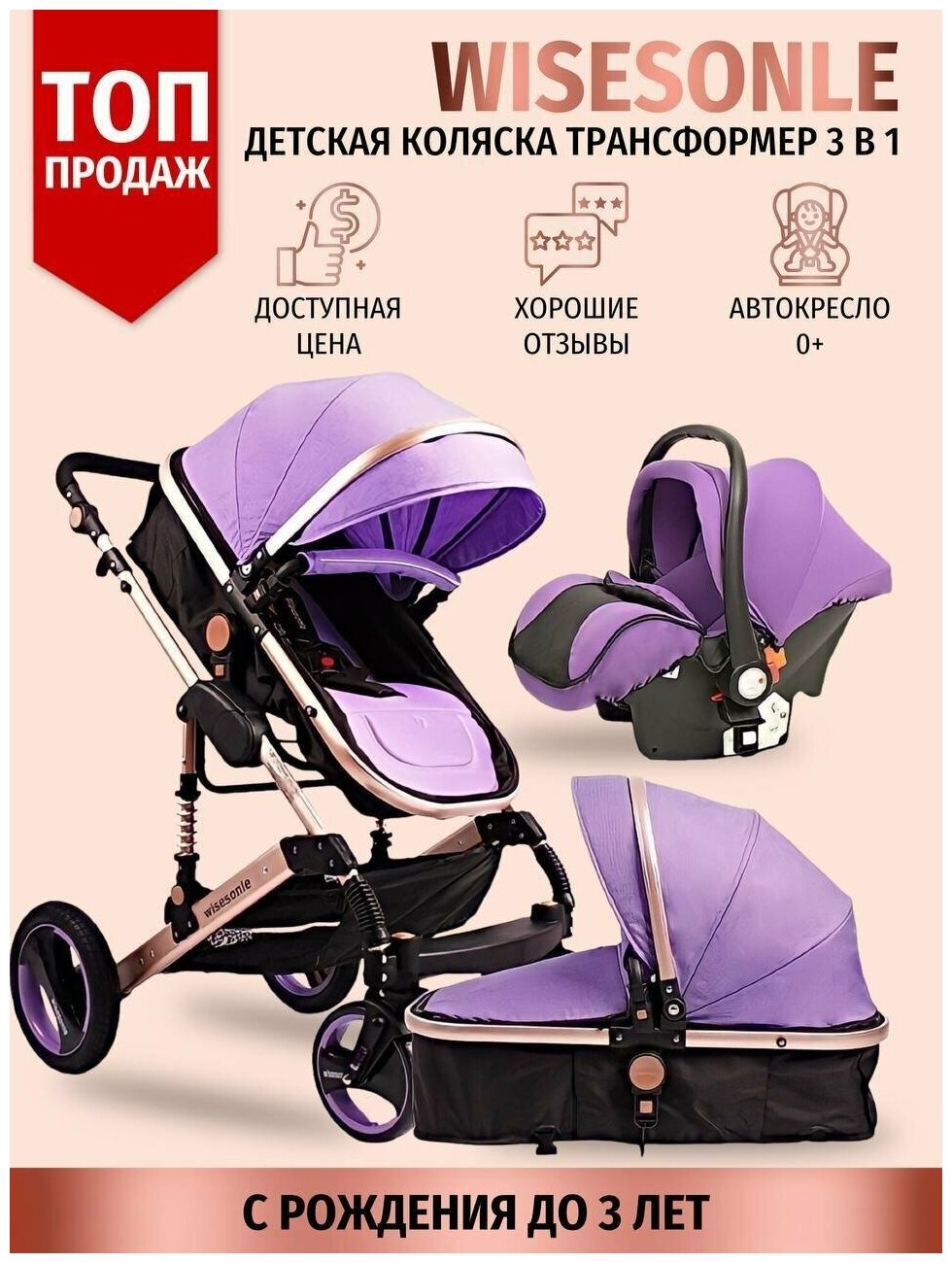 Детская коляска Wisesonle трансформер 3 в 1 люлька для новорожденных и прогулочная до 3-х лет автокресло 0+ 2023