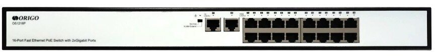 ORIGO Сетевое оборудование OS1218P A1A Неуправляемый PoE-коммутатор 16x100Base-TX PoE+ 2x1000Base-T PoE-бюджет 190 Вт корпус металл