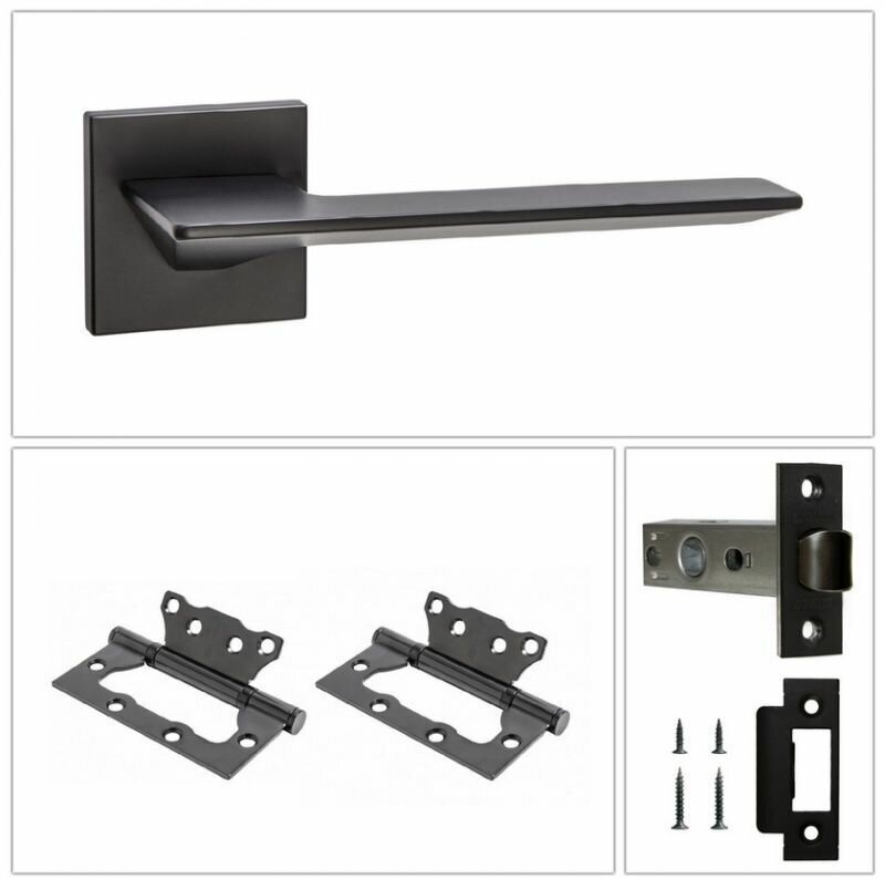 фото Комплект ручек для дверей Puerto INAL_543-03_slim_B_L6-45, черный (ручка + замок защелка + 2 петли без врезки)