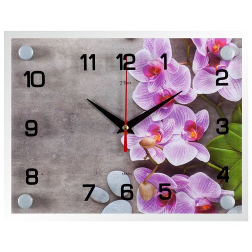 фото Оригинальные кварцевые настенные часы из оргстекла с изображением фиолетовых орхидей с крупными арабскими цифрами плавным ходом на батарейках аа 21 век орхидеи для дома спальни кухни кафе или офиса