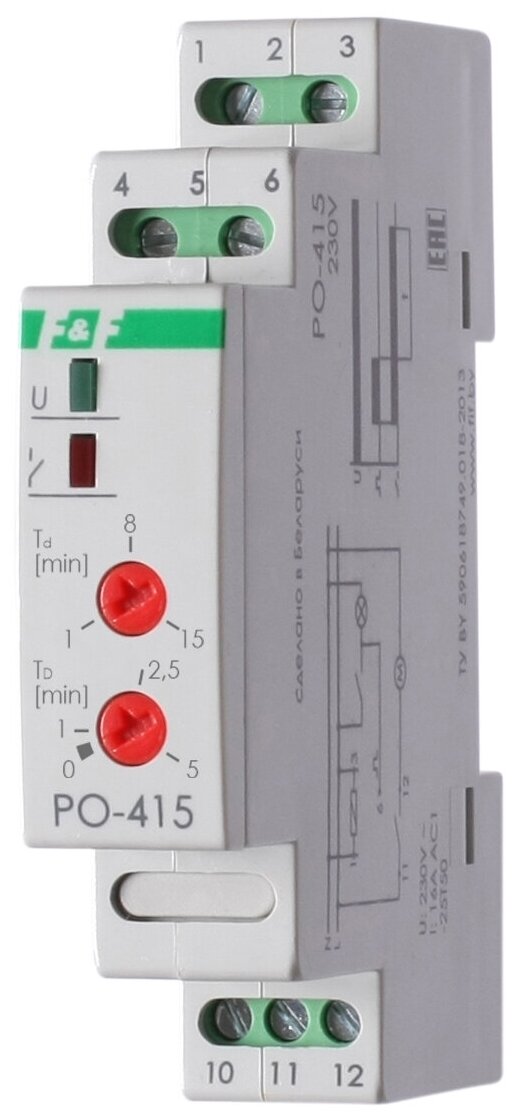 Реле времени PO-415 (задержка выкл./управ. контактом 230В 16А 1перекл. IP20 монтаж на DIN-рейке) F&F EA02.001.018