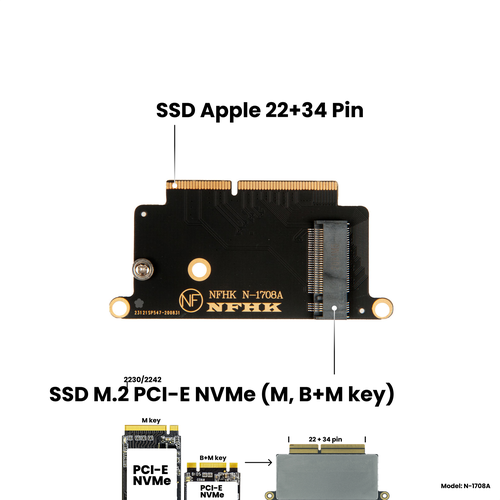 Адаптер-переходник для установки диска SSD M.2 NVMe (M key) в разъем SSD Apple (22+34 Pin) на MacBook Pro 13 Late 2016, Mid 2017 / NFHK N-1708A переходник m 2 ssd apple macbook a1708 nfhk n 1708a
