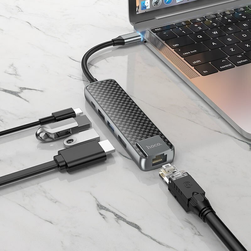 HUB адаптер Hoco HB23 5 in 1, USB-C to USB3.0 + USB2.0 + PD60W + HDMI 4K + RJ45 металлический корпус,13.5 см кабель, Серый