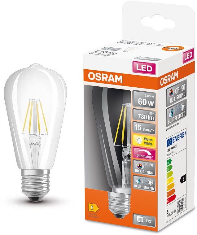 Лампочка светодиодная Osram 58W=60W 220V E27 Капля прозрачная ST64 Лм Филаментная 2700K упаковка 1шт