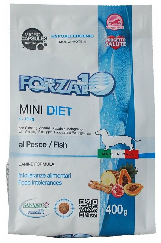 Сухой гипоаллергенный корм для собак мелких пород Forza10 Mini Diet Pesce рыба ,400гр