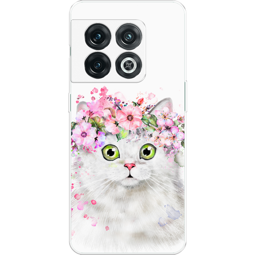 Силиконовый чехол на OnePlus 10 Pro / ВанПлас 10 Про Белая кошка с цветами