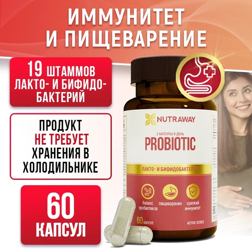 Добавка к пище Probiotic Комплекс пробиотиков, лакто и бифидобактерии NUTRAWAY 60 капсул