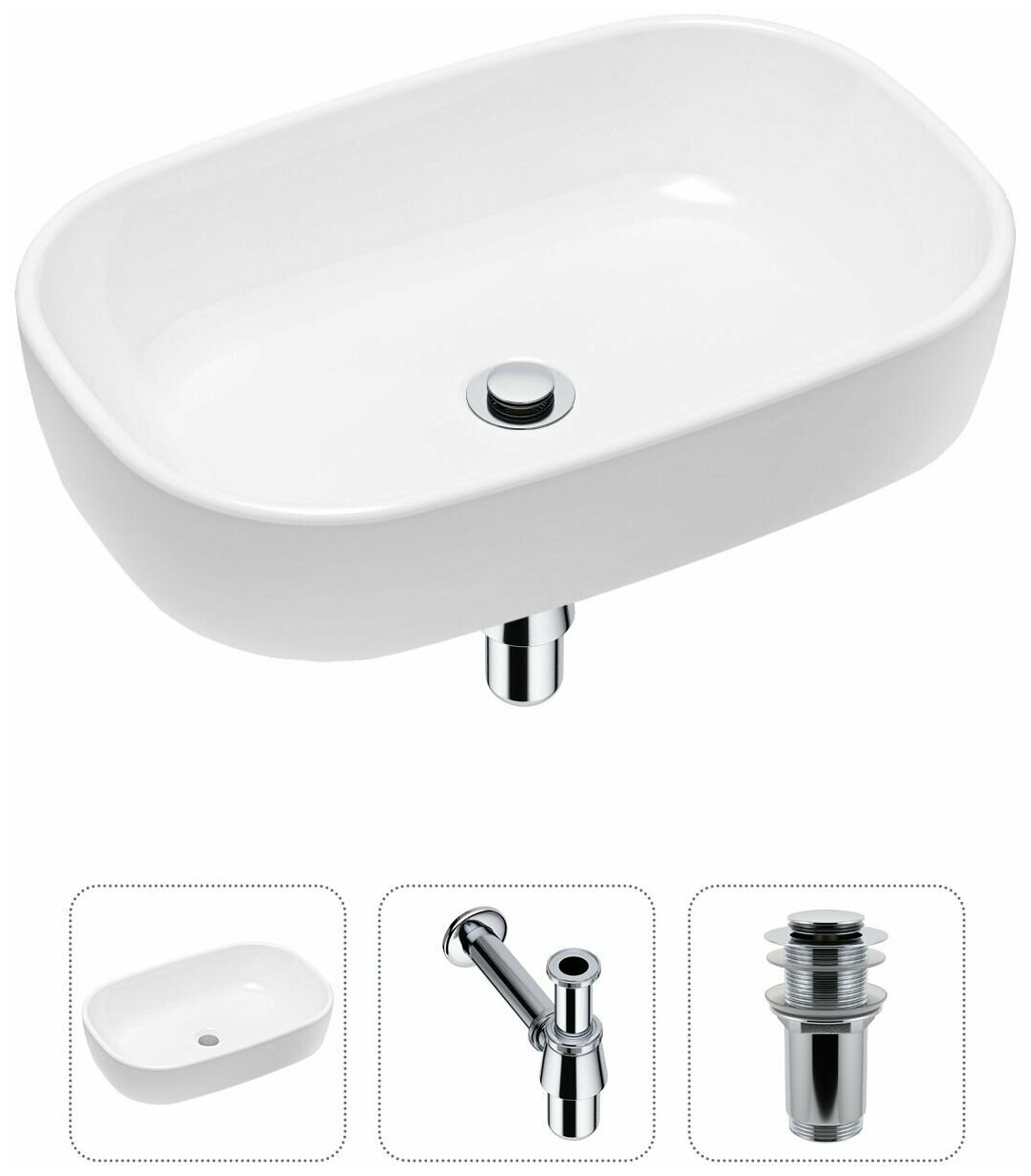 Накладная раковина в ванную Lavinia Boho Bathroom Sink 21520003 в комплекте 3 в 1: умывальник белый, донный клапан и сифон в цвете хром