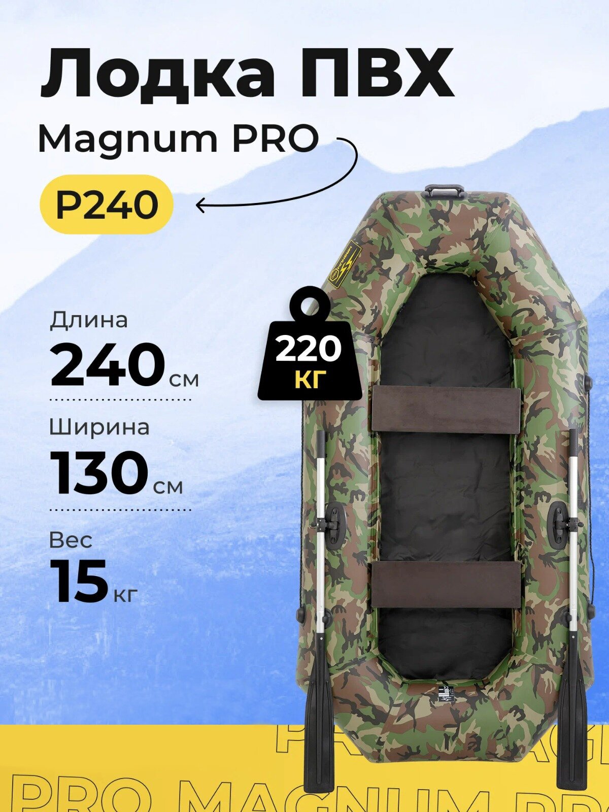 Лодка ПВХ под мотор надувная двухместная гребная для рыбалки Magnum PRO 240 камуфляж грузоподьемностью 220 кг.