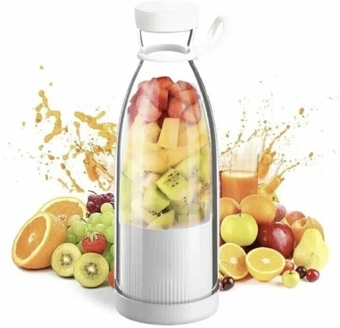 Портативный блендер бутылка для смузи NATURAL JUICE /Беспроводной миксер на 350 мл /включение двойным нажатием кнопки/белый - фотография № 1