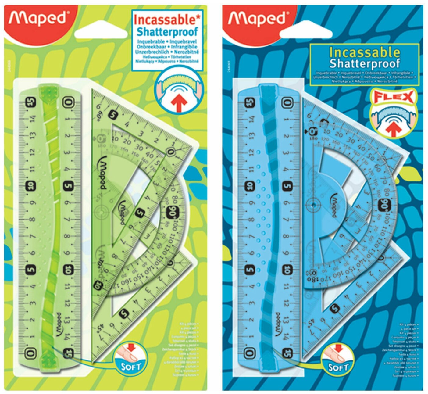 Набор чертежный малый MAPED "Flex Mini" (линейка 15 см 2 угольника транспортир) ассорти блистер 244069