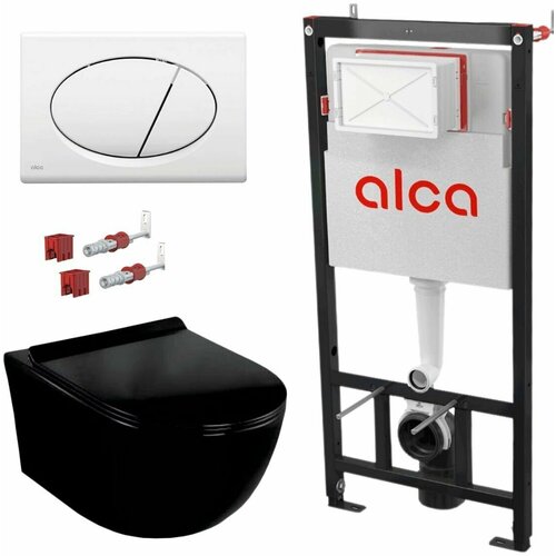 Готовый набор инсталляции Alcaplast AM101/1120 с белой панелью смыва M70+унитаз подвесной Loranto Canto черный матовый сиденье микролифт CS-203HM-MB