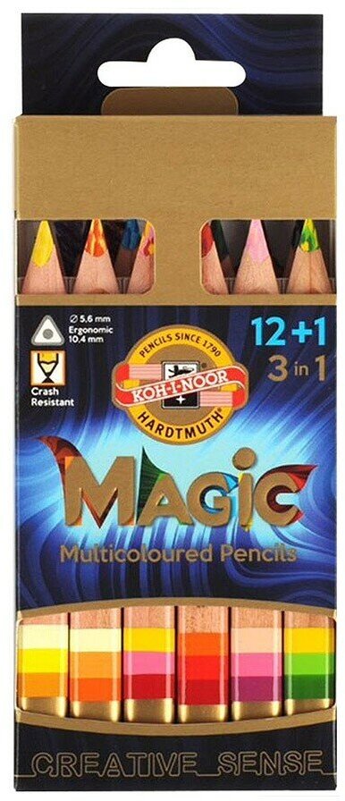 Цветные карандаши KOH-I-NOOR Набор карандашей с многоцвет. грифелем "Magic", 13цв. (+точилка, ластик)