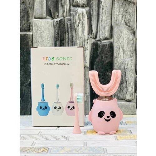 электрическая зубная щетка детская 5 насадок usb провод Электрическая U-образная зубная щетка, 2 насадки панда, ультразвуковая щетка, для детей. Розовый