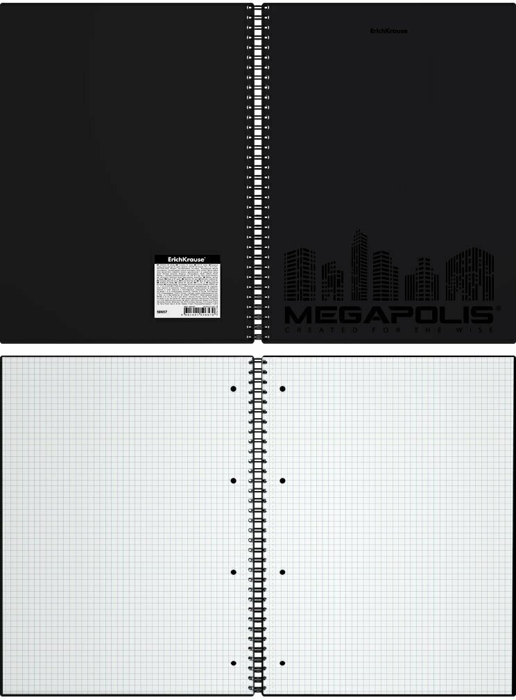 Тетрадь общая с пластиковой обложкой на спирали ErichKrause MEGAPOLIS®, черный, А4, 80 листов, клетка, перфорация, микроперфорация 50657