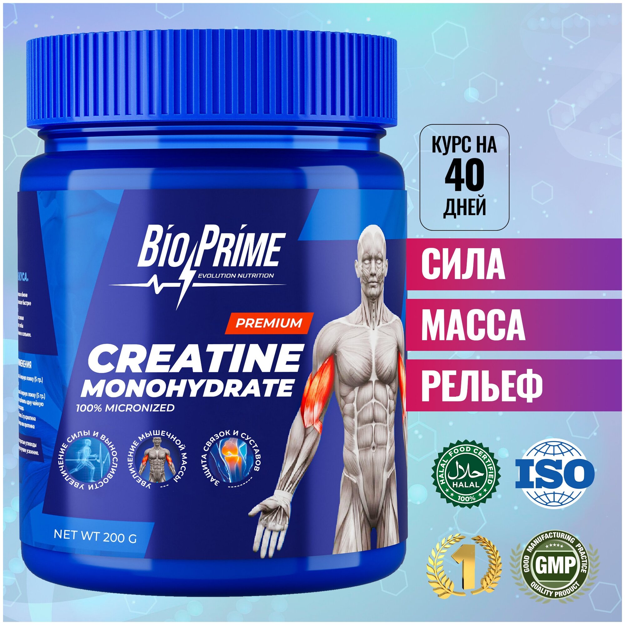 Креатин моногидрат BioPrime порошок Premium Creatine Monohydrate Micronized Powder для набора массы и роста мышц Pure (Без Вкуса) банка 200 гр.