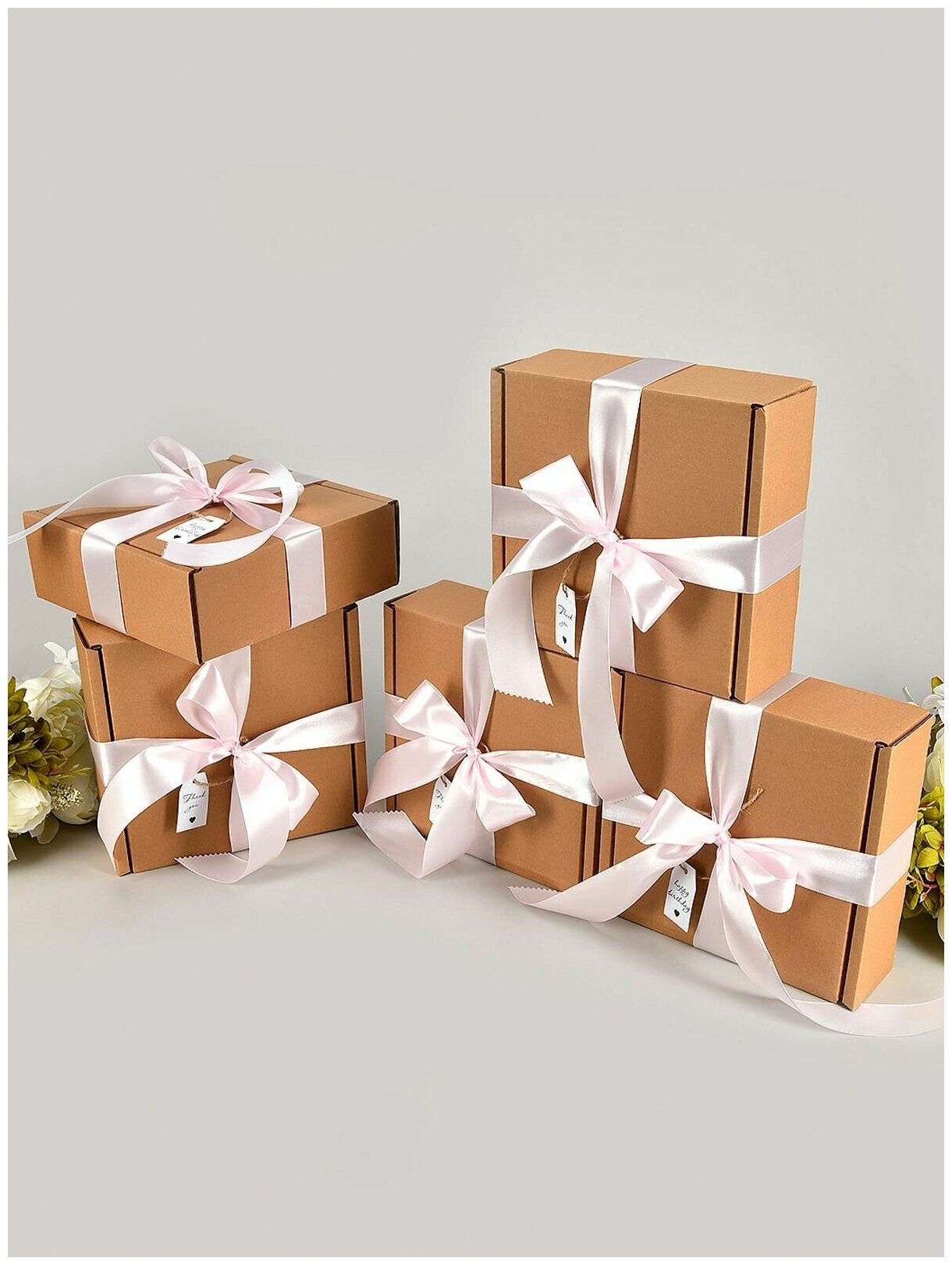 Коробка подарочная 20*20 см - 5 шт. розовая с наполнителем