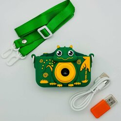 Детский цифровой фотоаппарат Динозавр ударопрочный 48Мп камера 1080p Full-HD высокого качества со встроенной памятью, зеленый, фотоаппарат для детей с играми и селфи, подарок для мальчиков