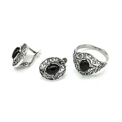 Комплект бижутерии: кольцо, серьги, агат, размер кольца 17, черный