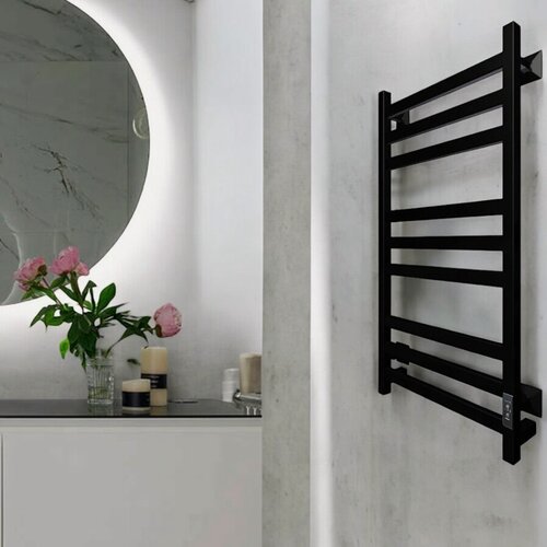 Изображение товара Полотенцесушитель электрический Тругор 500мм 800мм чёрный матовый форма лесенка 6 перекладин универсальное подключение
